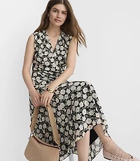 Floral Topstitched V-Neck Midi Dress