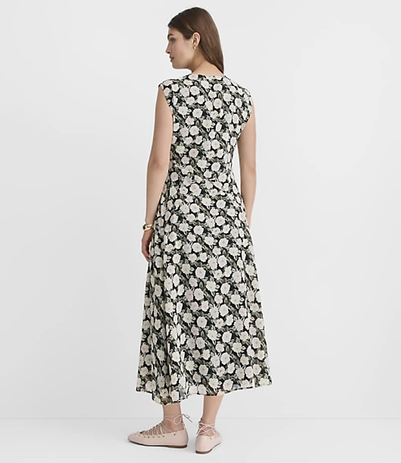 Floral Topstitched V-Neck Midi Dress