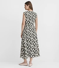 Floral Topstitched V-Neck Midi Dress