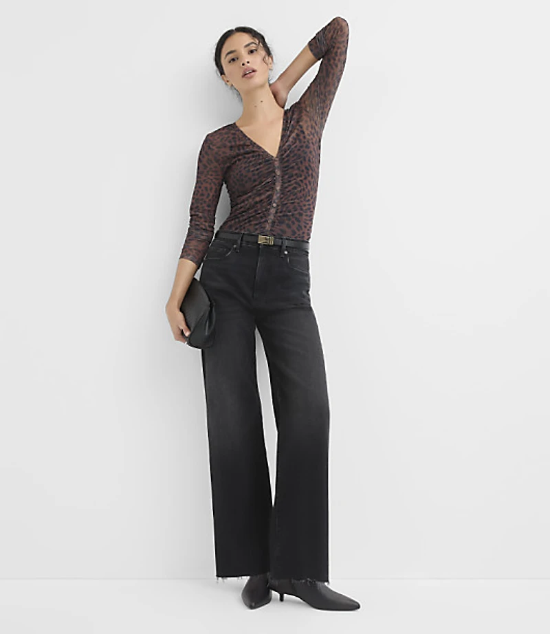 Leopard Print Shirred Mesh Cardigan Top