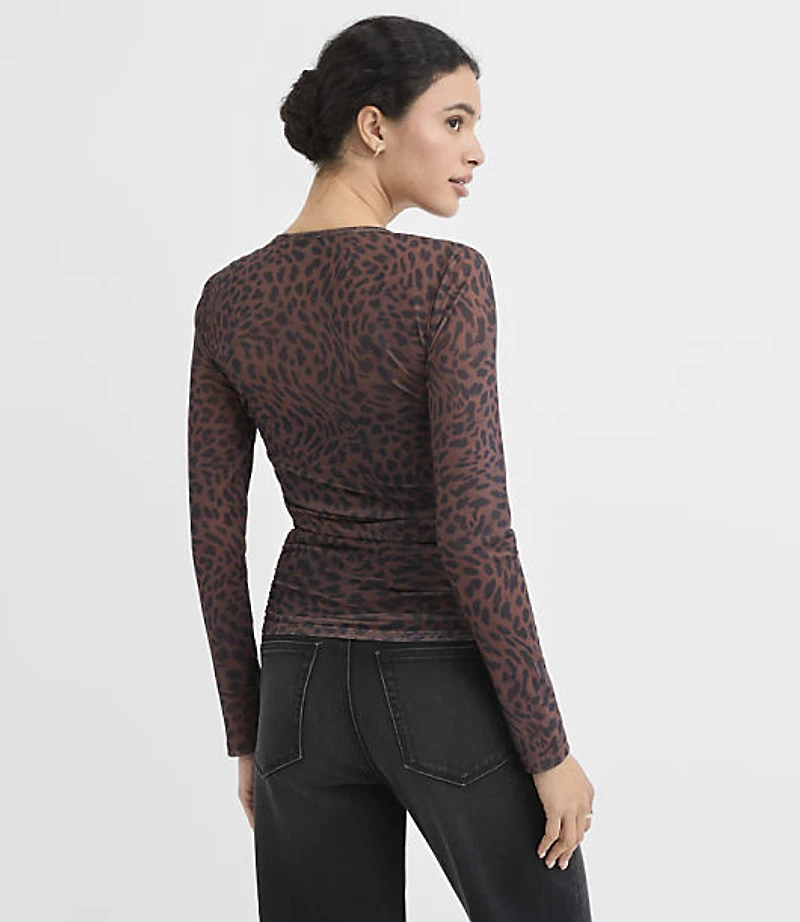 Leopard Print Shirred Mesh Cardigan Top