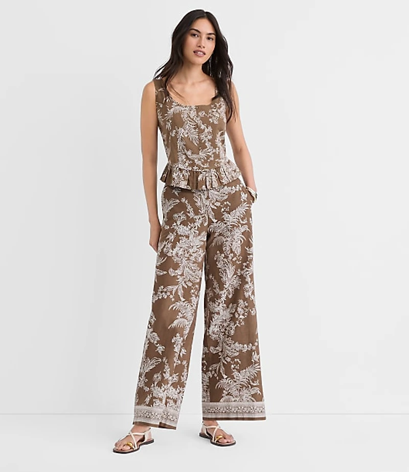 Petite Floral Pull On Wide Leg Pants Linen Cotton