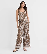 Petite Floral Pull On Wide Leg Pants Linen Cotton