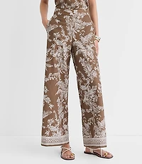 Petite Floral Pull On Wide Leg Pants Linen Cotton