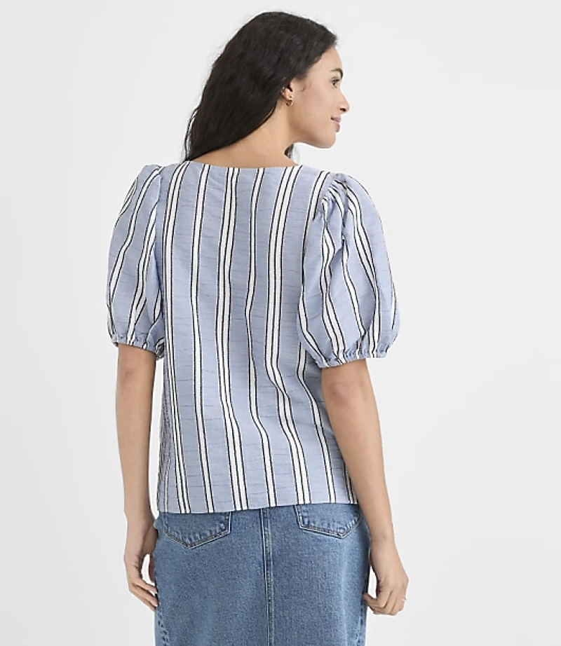 Striped Button Puff Sleeve Top