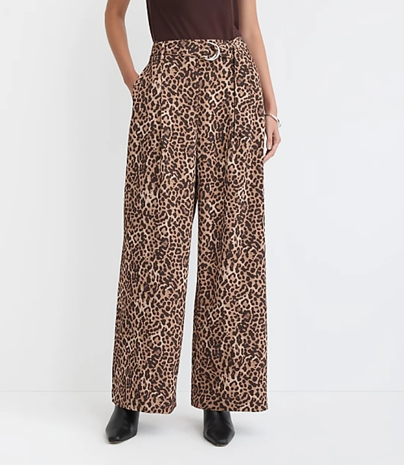 Belted Fluid Pull On Wide Leg Pants Leopard Print