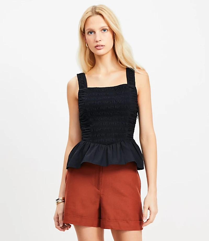 Poplin Smocked Peplum Tank Top