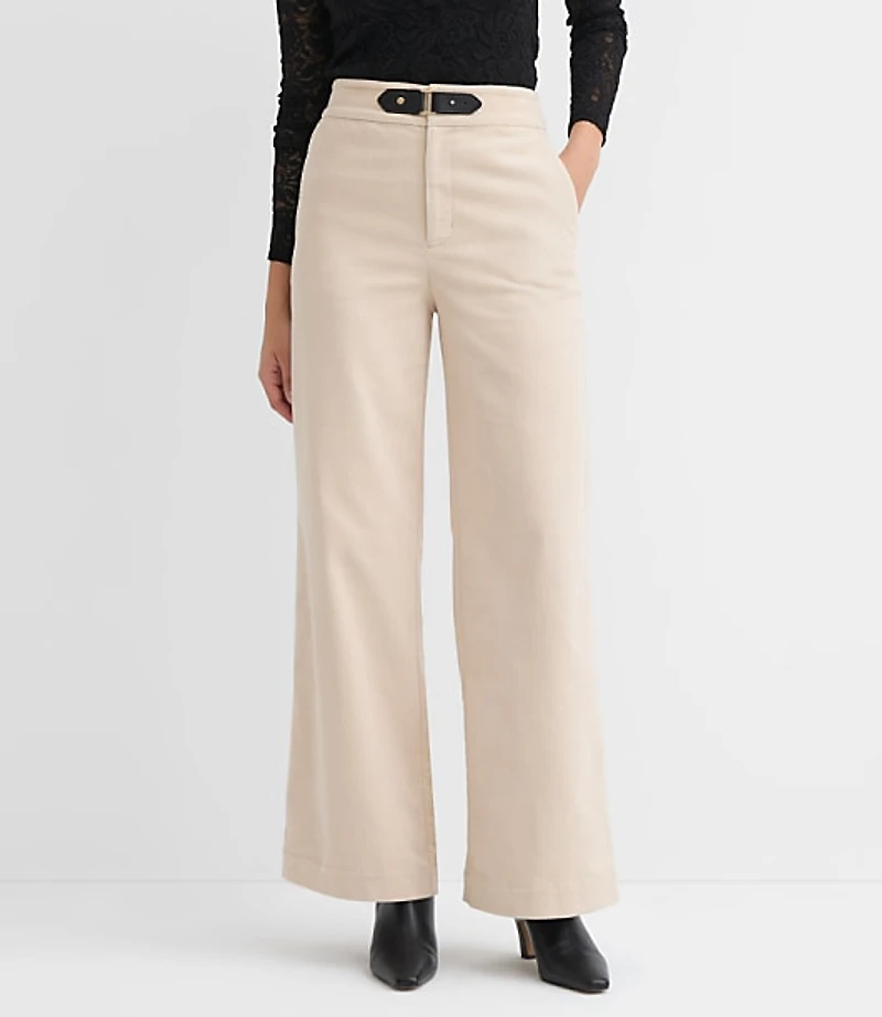 Faux Leather Buckle Wide Leg Corduroy Pants
