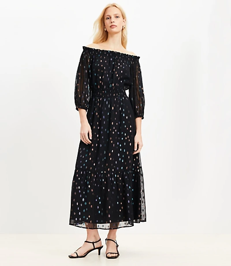 Shimmer Clip Balloon Sleeve Off The Shoulder Midi Dress