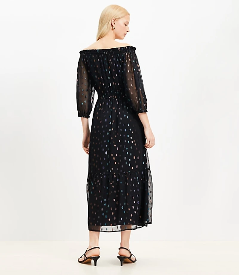 Shimmer Clip Balloon Sleeve Off The Shoulder Midi Dress