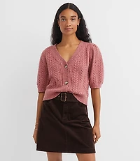 Flecked Stitchy Puff Sleeve Cardigan
