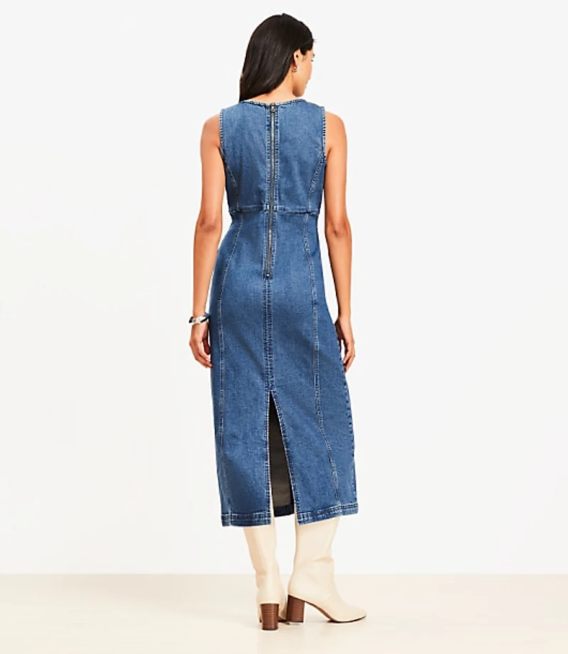 Petite Seamed Denim Midi Dress Classic Mid Wash