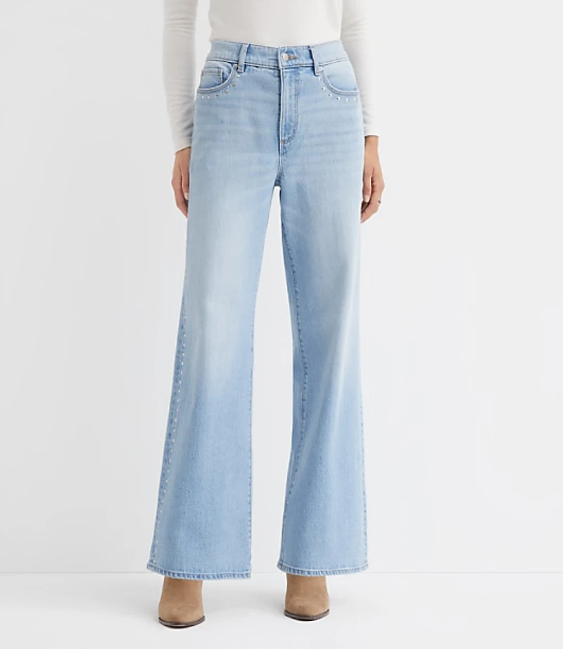 Studded High Rise Wide Leg Jeans Mid Vintage Wash