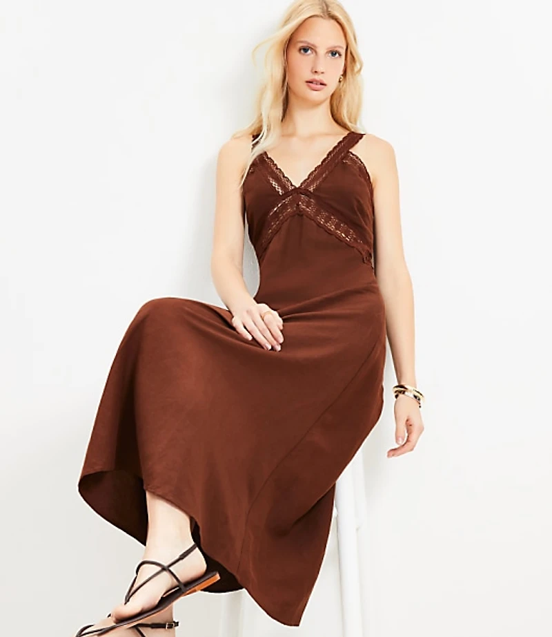Petite Lace Trim Linen Blend Midi Dress