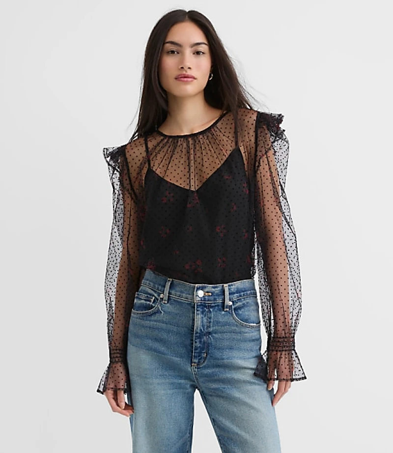 Velvet Dot Tulle Floral Cami Blouse