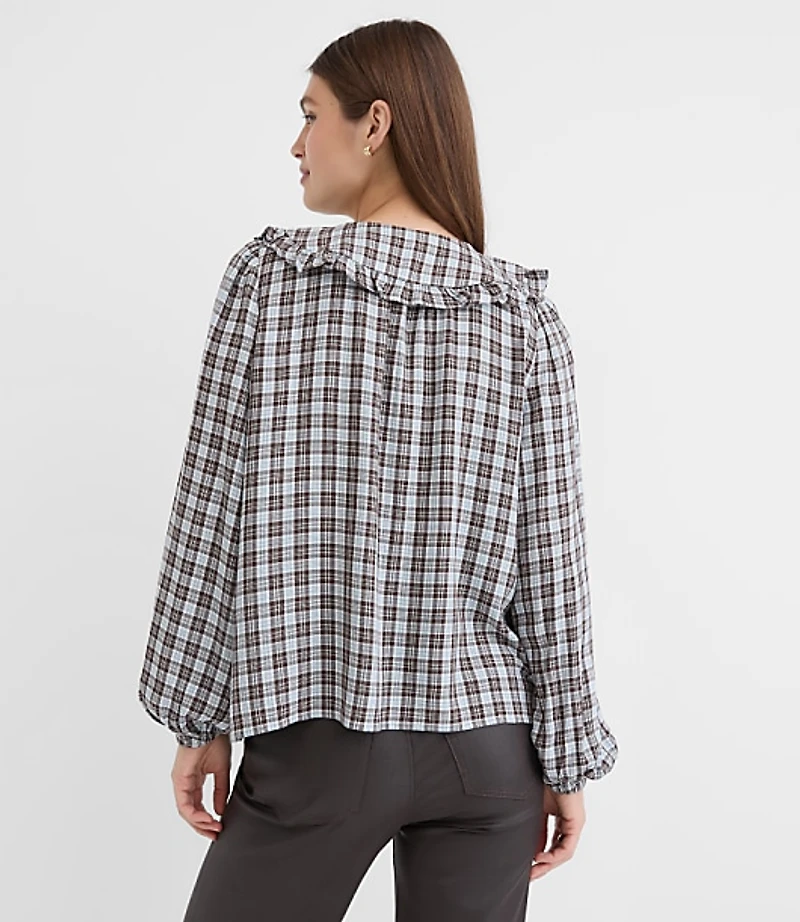 Plaid Ruffle Collar Shirred Henley Blouse
