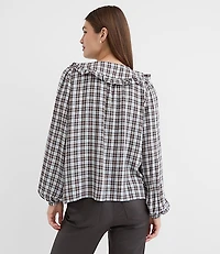 Plaid Ruffle Collar Shirred Henley Blouse