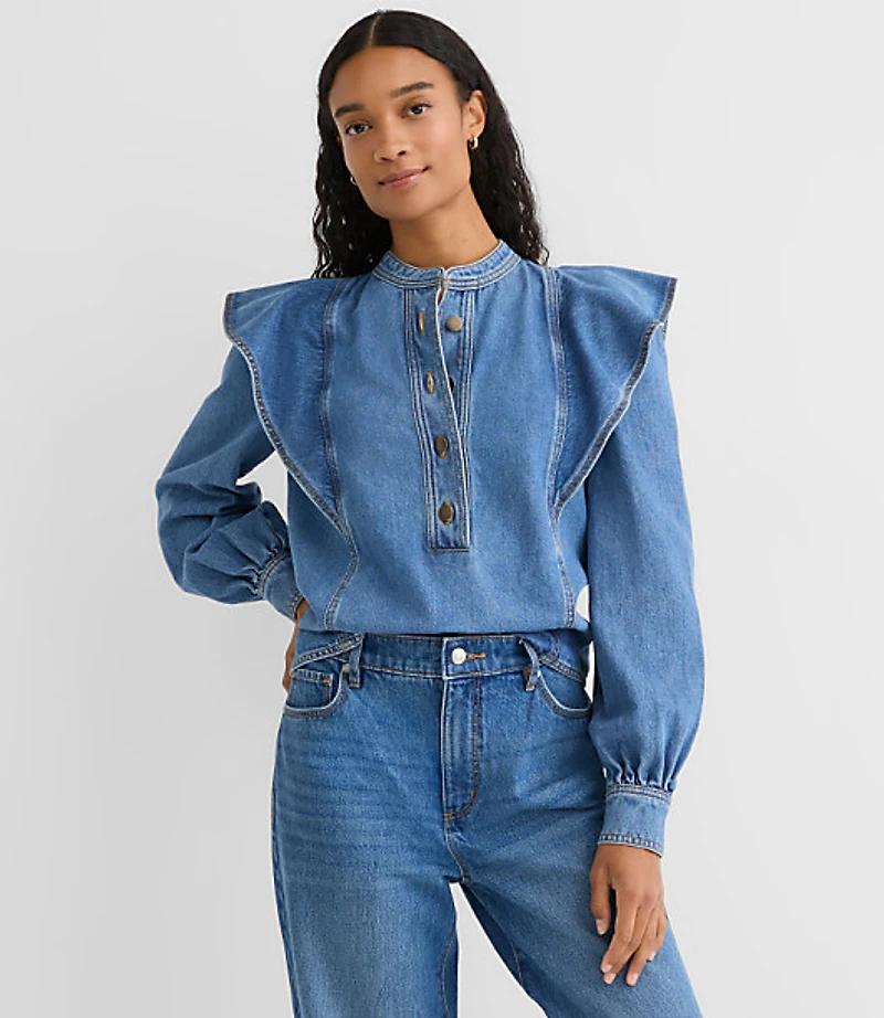 Ruffle Denim Shirt in Light Wash