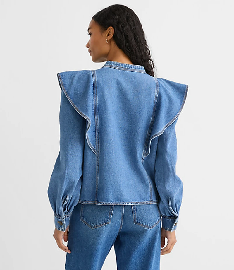 Ruffle Denim Shirt in Light Wash