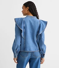 Ruffle Denim Shirt in Light Wash