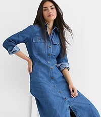 Chambray Seamed Midi Pocket Shirtdress