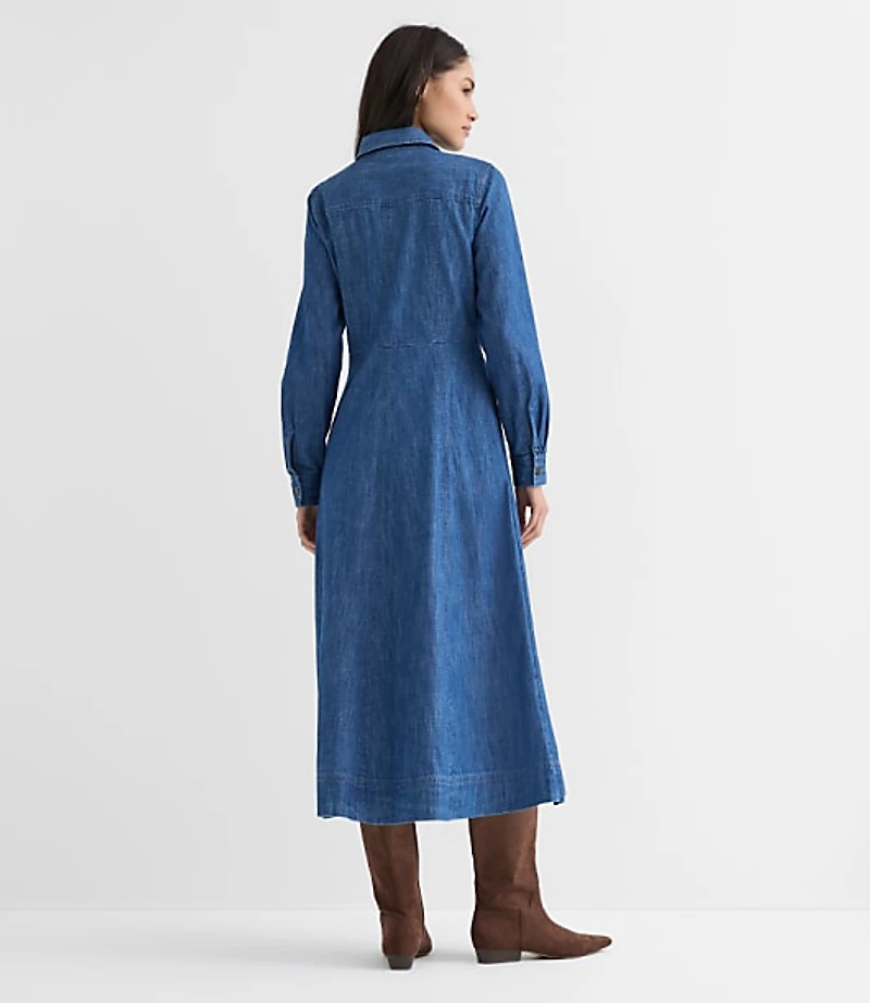 Chambray Seamed Midi Pocket Shirtdress