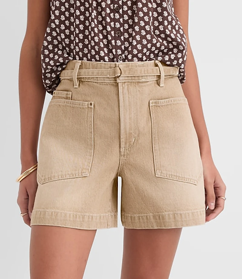 Belted Denim Utility Shorts Washed Neutral