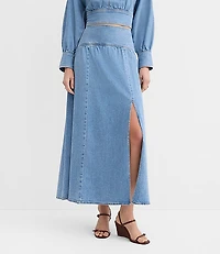 Yoke Full Denim Maxi Skirt in Light Wash Indigo
