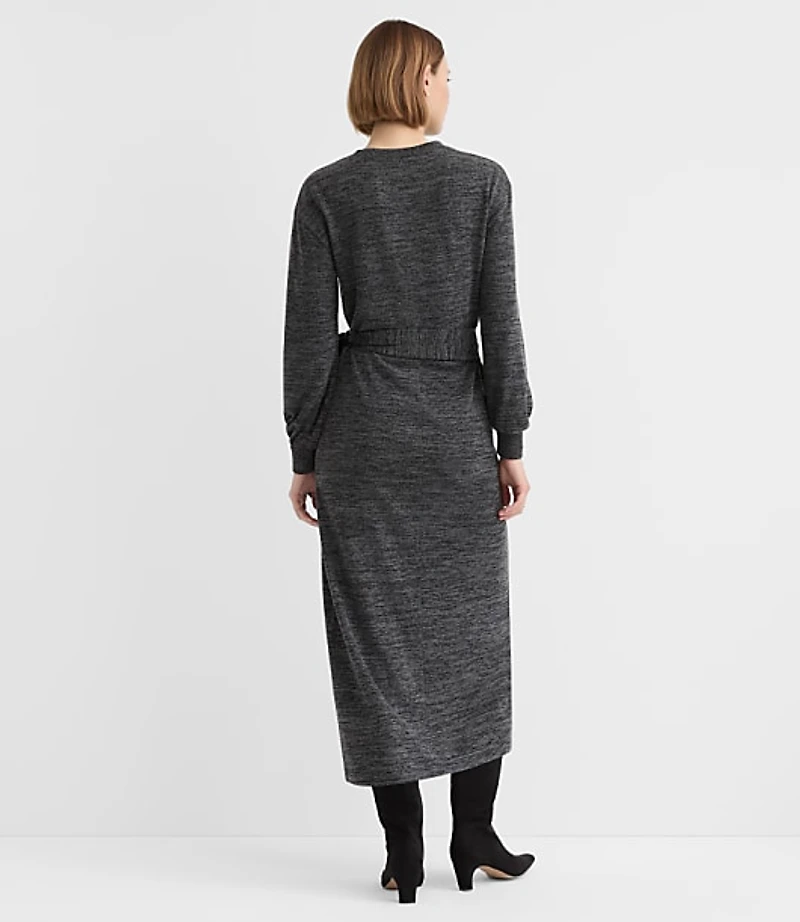 Sweater Knit Side Pleated Midi Wrap Dress