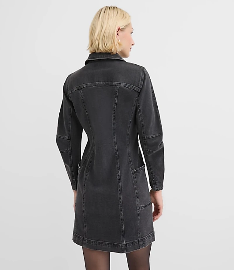 Seamed Denim Zip Mini Pocket Dress Washed Black