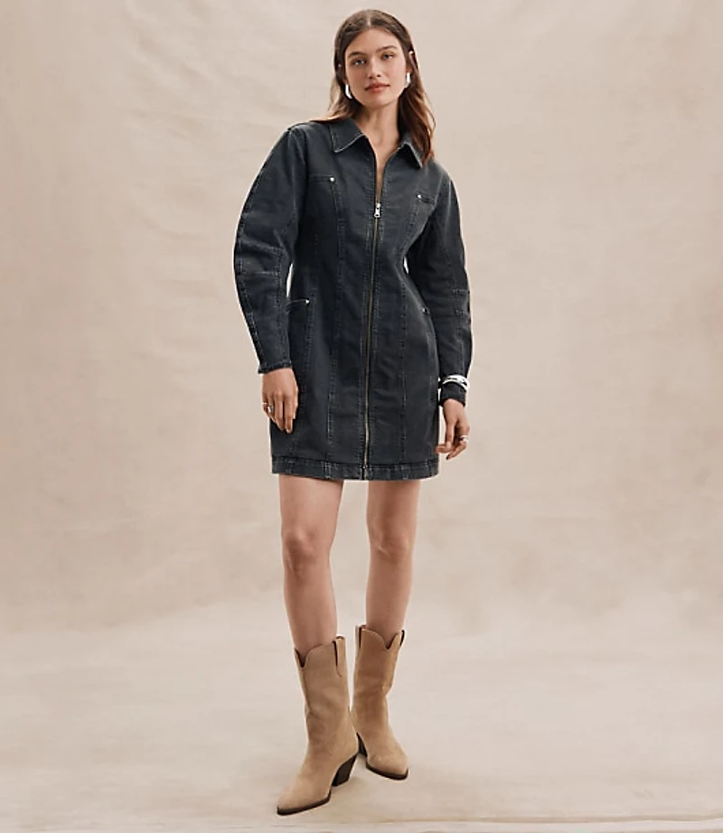 Seamed Denim Zip Mini Pocket Dress Washed Black