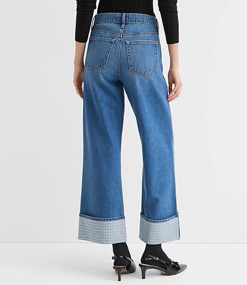 Petite Embellished Cuffed High Rise Wide Leg Crop Jeans Bright Mid Indigo Wash