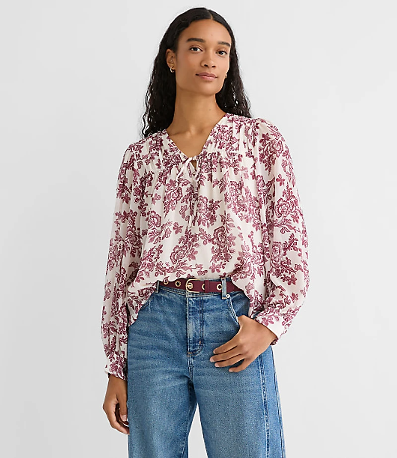 Geo Tucked Tie Neck Blouse