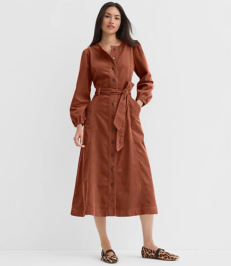 Corduroy Seamed Belted Midi Pocket Dress