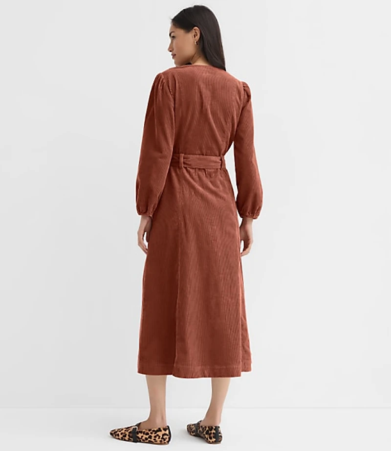 Corduroy Seamed Belted Midi Pocket Dress