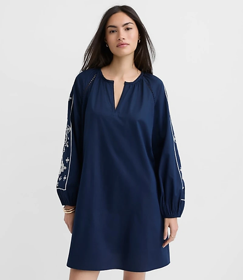 Floral Embroidered Split Neck Mini Pocket Dress