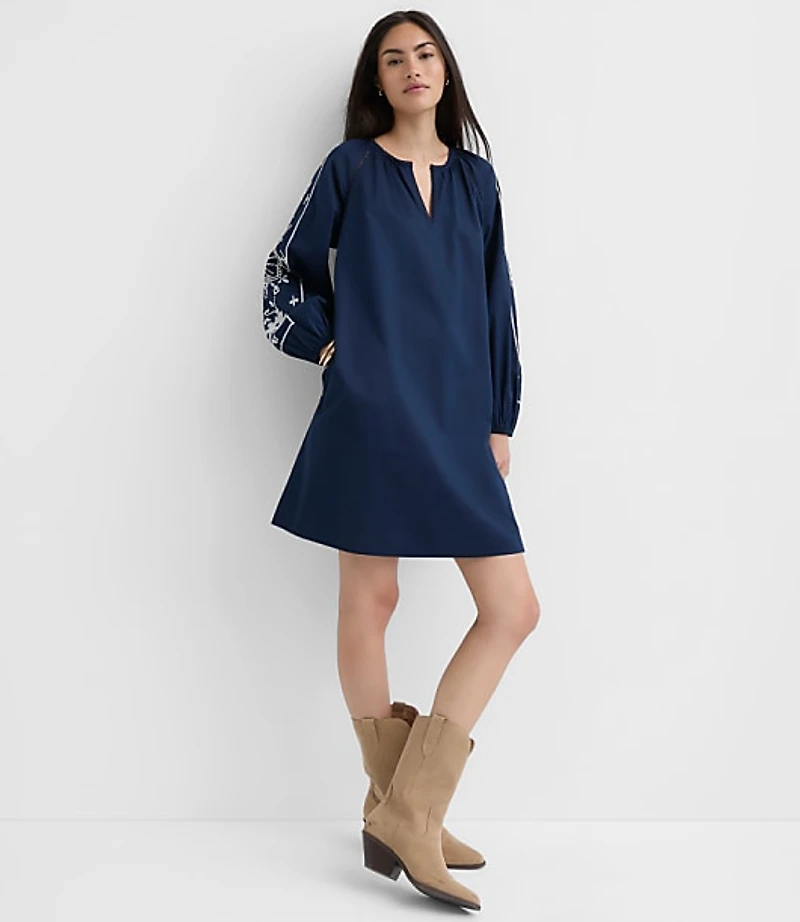 Floral Embroidered Split Neck Mini Pocket Dress
