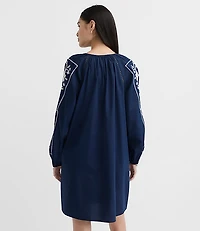 Floral Embroidered Split Neck Mini Pocket Dress