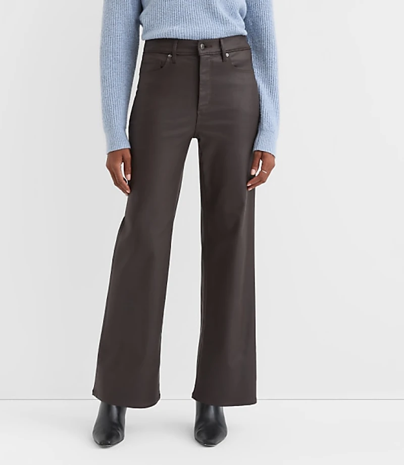 Coated High Rise Wide Leg Jeans Brown