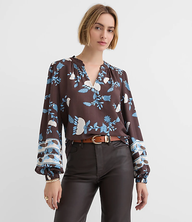 Petite Garden Ruffle Split Neck Blouse