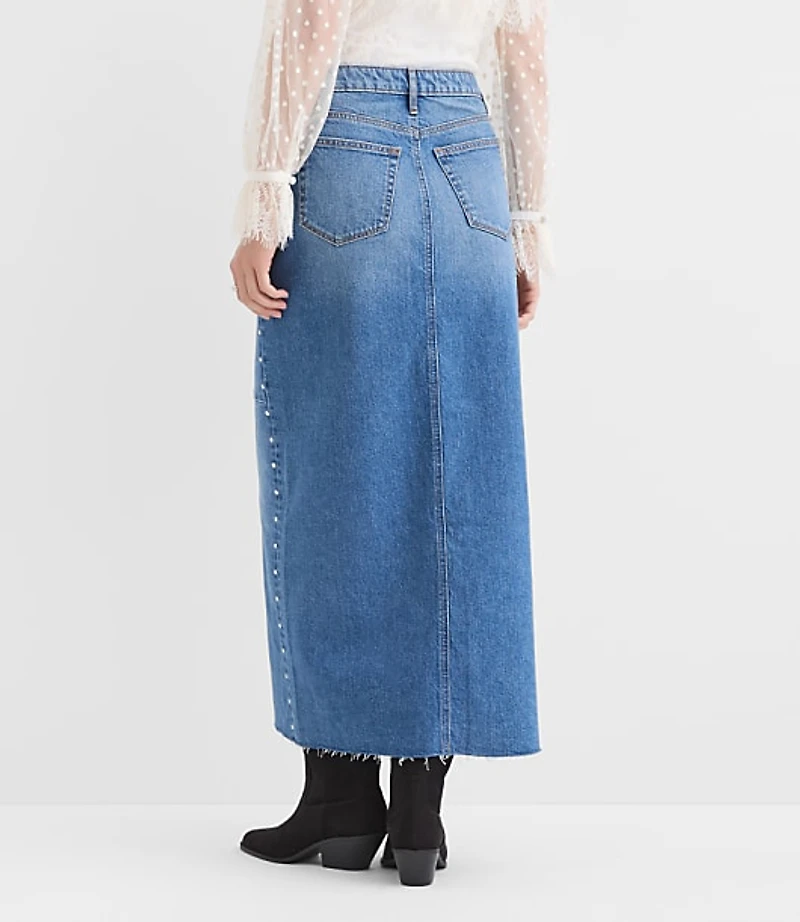 Petite Studded Denim Maxi Skirt Classic Mid Wash