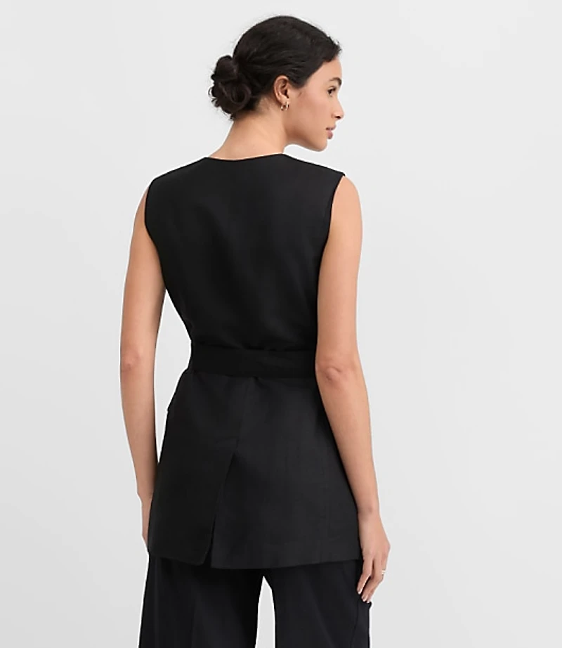 Linen Blend Belted Pocket Vest