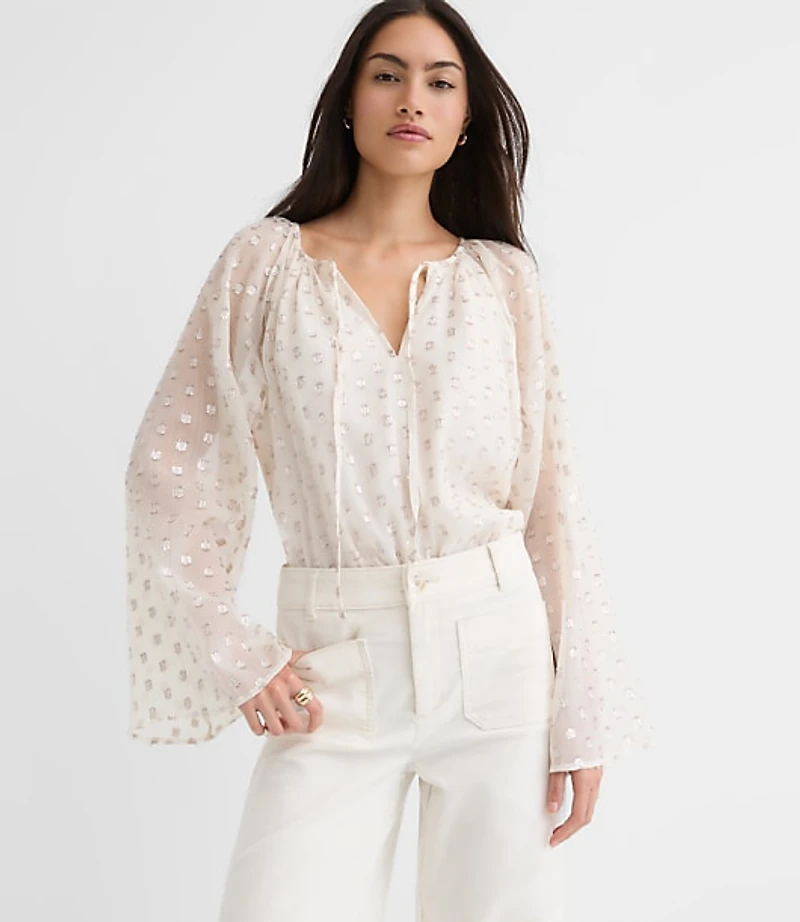 Petite Shimmer Clip Flare Sleeve Tie Neck Blouse