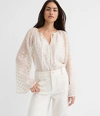 Petite Shimmer Clip Flare Sleeve Tie Neck Blouse