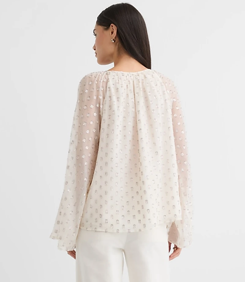 Petite Shimmer Clip Flare Sleeve Tie Neck Blouse