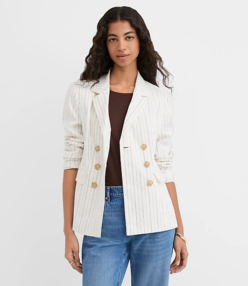 Pinstripe Cotton Linen Double Breasted Blazer