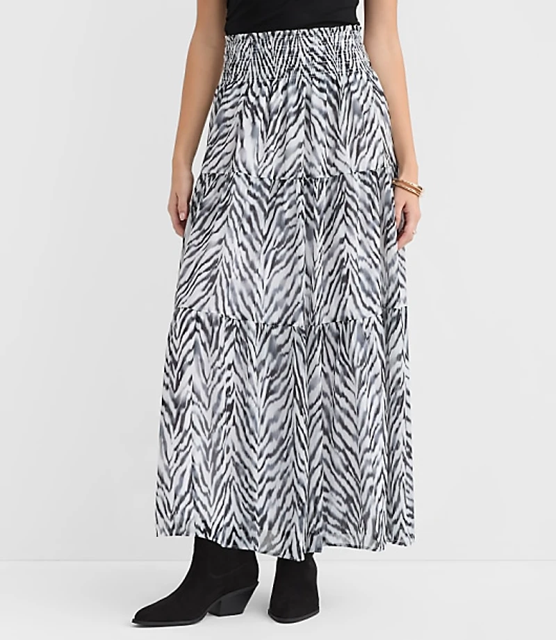 Zebra Print Ruffle Smocked Maxi Skirt