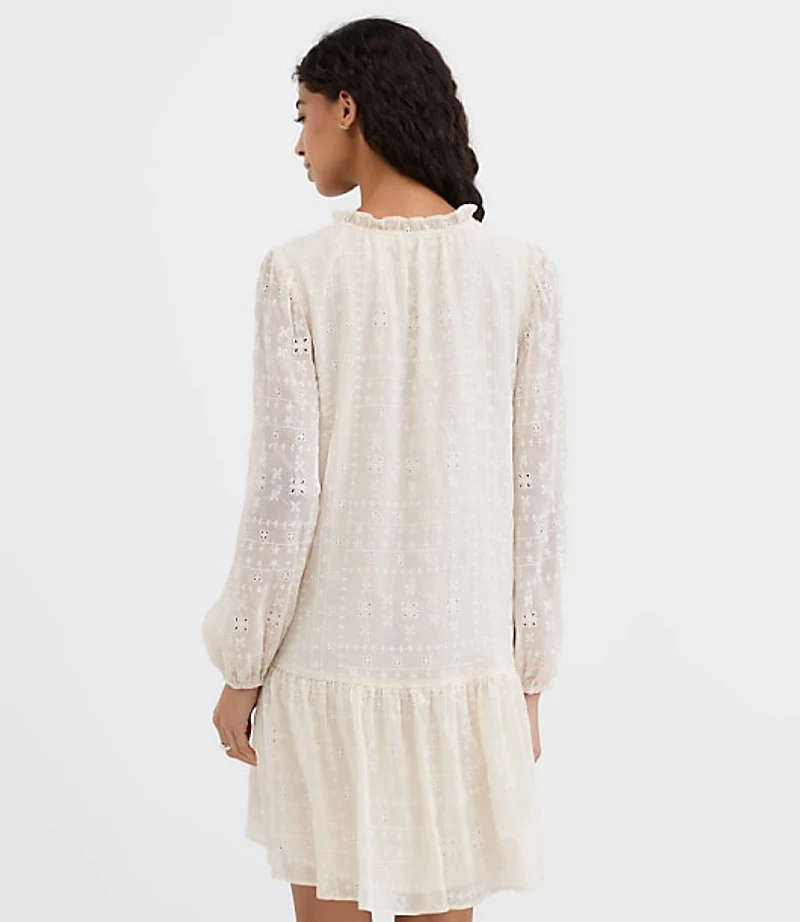 Eyelet Tie Neck Flounce Mini Pocket Dress