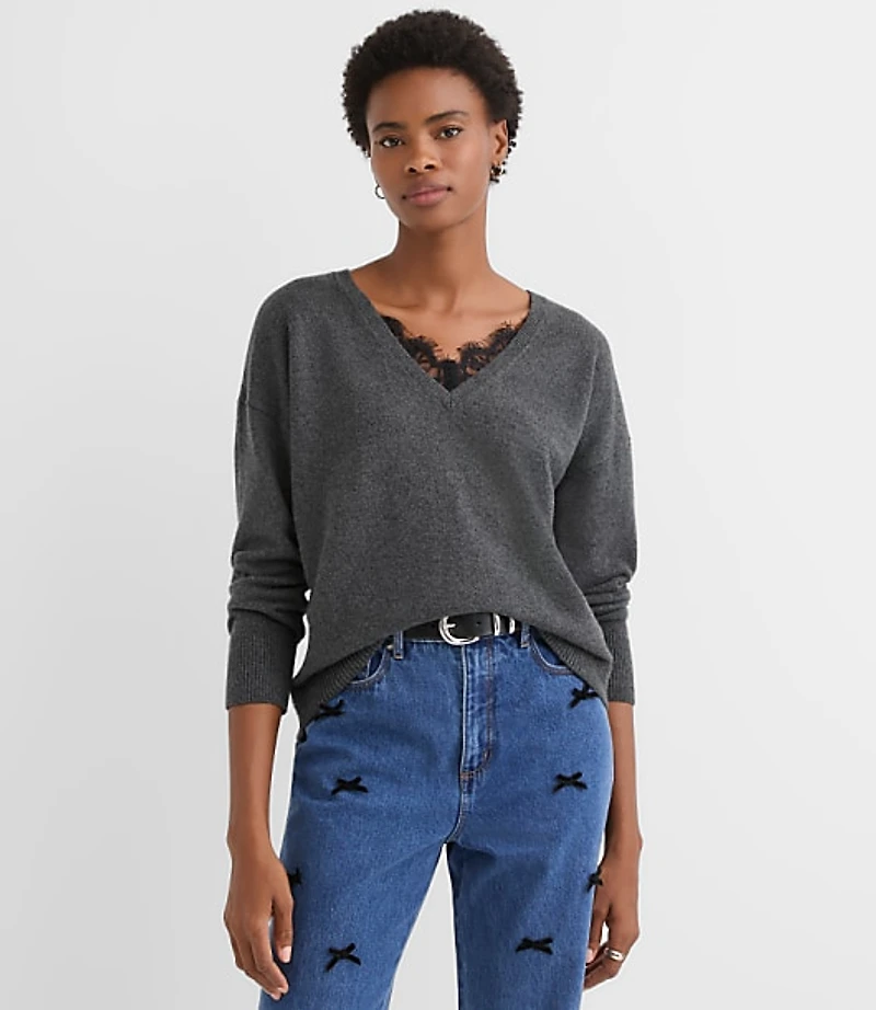 Petite Lace Trim Relaxed V-Neck Sweater