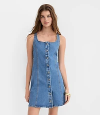 Denim Seamed Button Mini Dress in Classic Mid Wash
